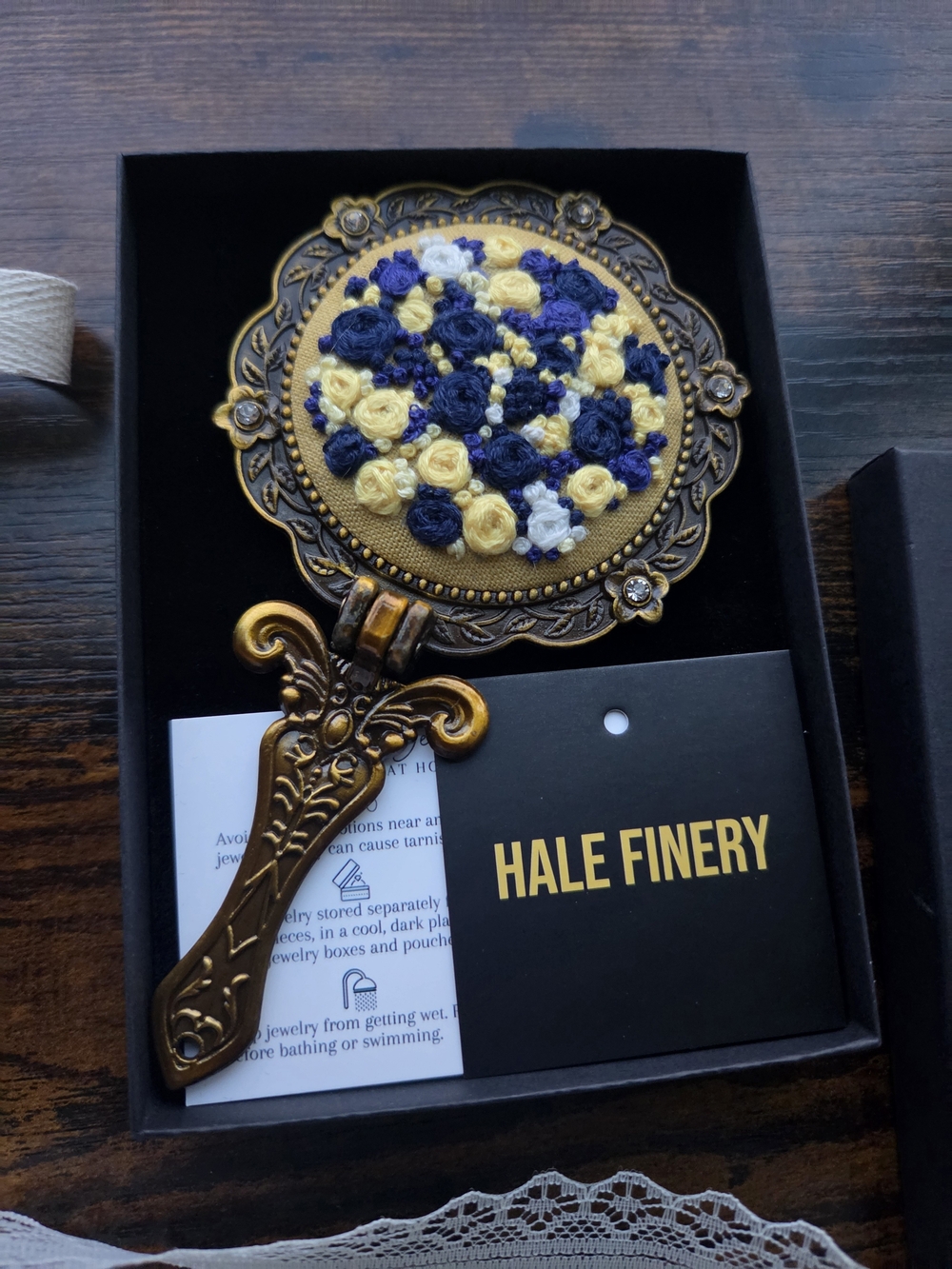 Hale Finery Embroidered Hand Mirror - Yellow & Navy